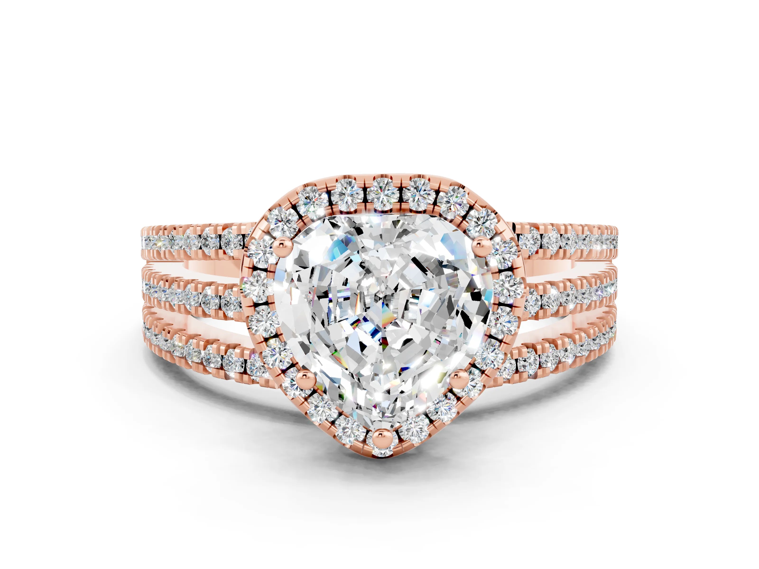 Rose gold {shape_name} Moissanite Halo Engagement Ring with Split Shank and Four-Prong Setting