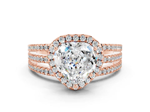 Rose gold {shape_name} Moissanite Halo Engagement Ring with Split Shank and Four-Prong Setting