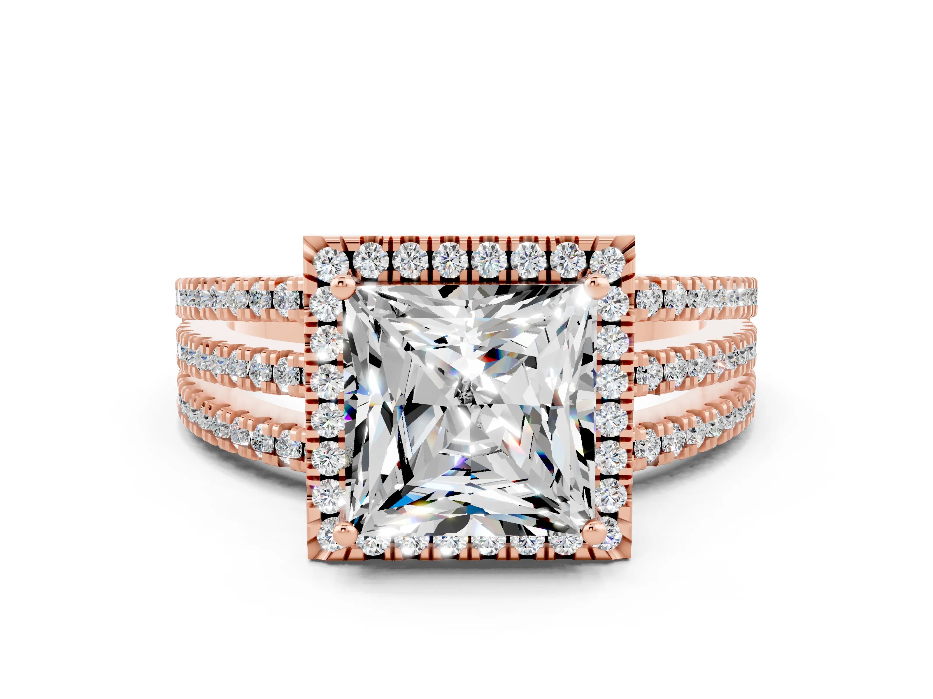 Rose gold {shape_name} Moissanite Halo Engagement Ring with Split Shank and Four-Prong Setting