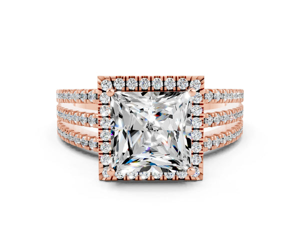 Rose gold Princess Cut Moissanite Halo Engagement Ring with Split Shank and Four-Prong Setting