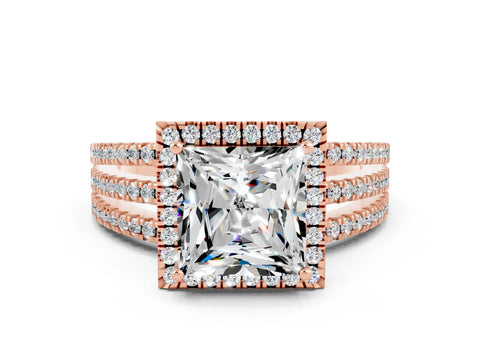 Rose gold {shape_name} Moissanite Halo Engagement Ring with Split Shank and Four-Prong Setting