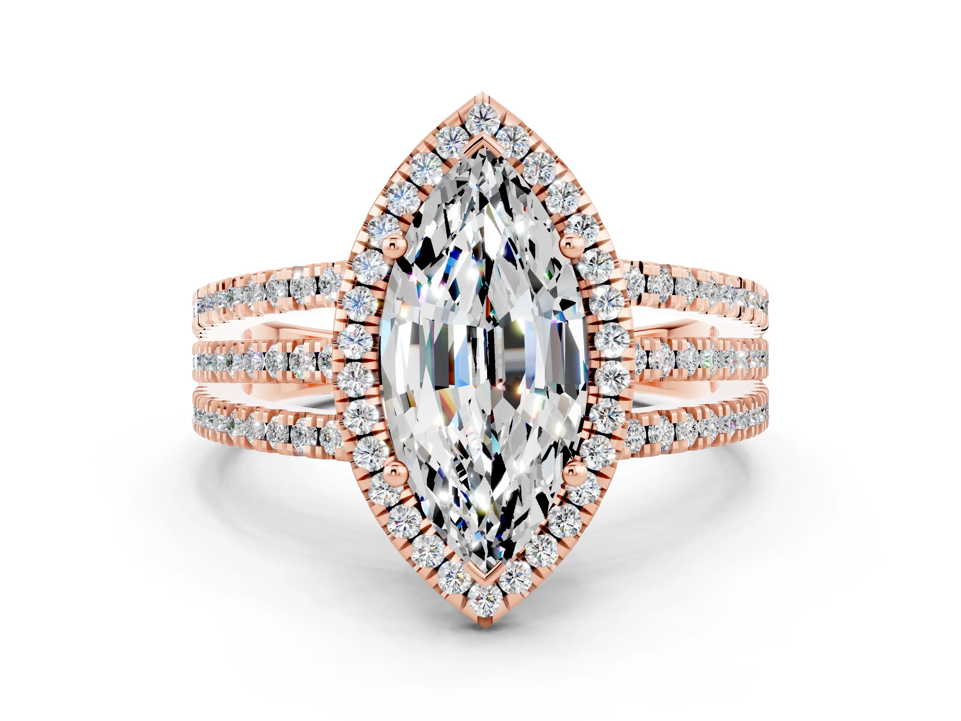 Rose gold {shape_name} Moissanite Halo Engagement Ring with Split Shank and Four-Prong Setting