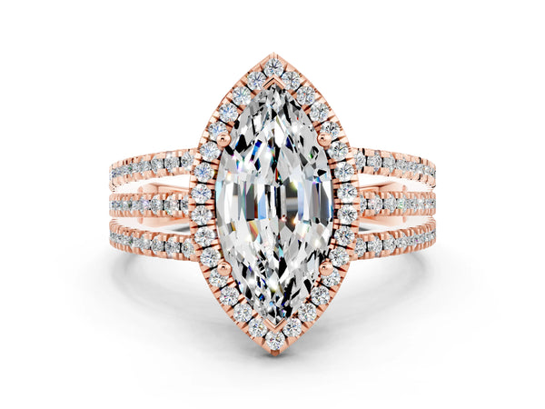 Rose gold Marquise Cut Moissanite Halo Engagement Ring with Split Shank and Four-Prong Setting