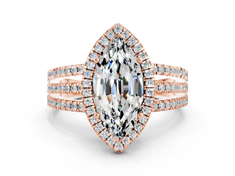 Rose gold {shape_name} Moissanite Halo Engagement Ring with Split Shank and Four-Prong Setting