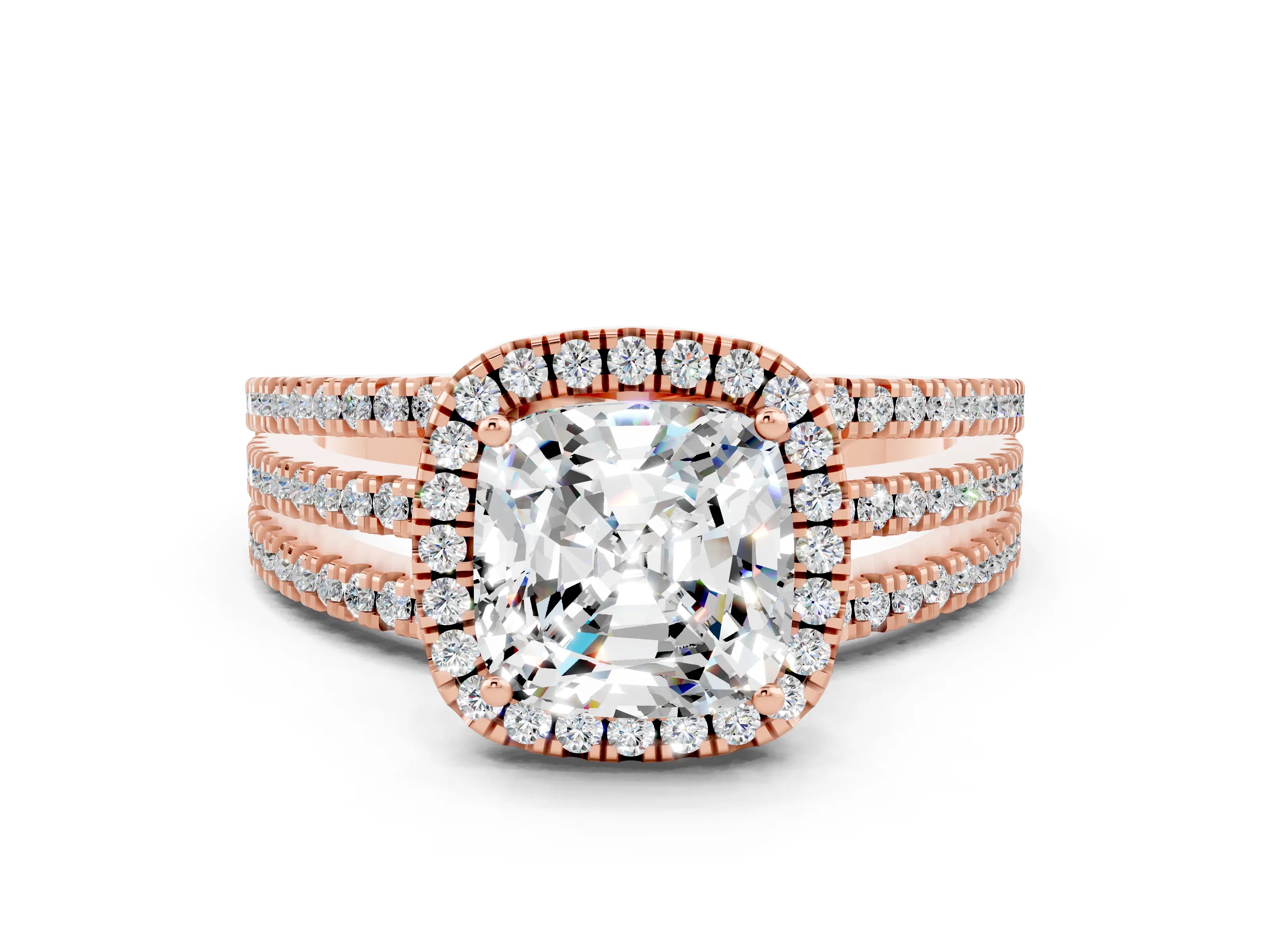 Rose gold {shape_name} Moissanite Halo Engagement Ring with Split Shank and Four-Prong Setting