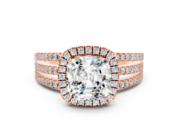 Rose gold Cushion Cut Moissanite Halo Engagement Ring with Split Shank and Four-Prong Setting