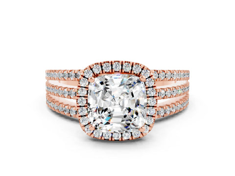 Rose gold {shape_name} Moissanite Halo Engagement Ring with Split Shank and Four-Prong Setting
