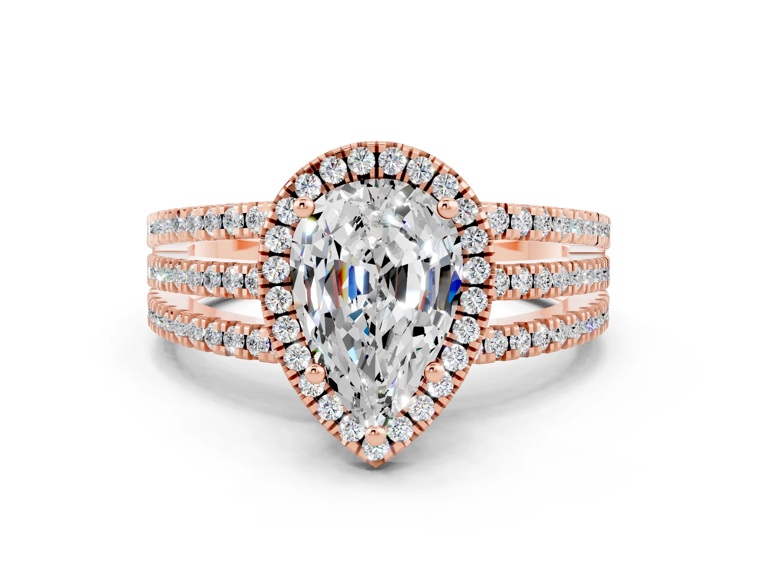 Rose gold {shape_name} Moissanite Halo Engagement Ring with Split Shank and Four-Prong Setting