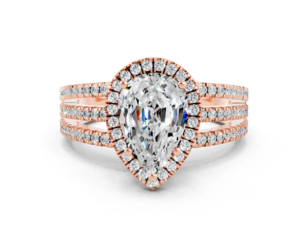 Rose gold Pear Cut Moissanite Halo Engagement Ring with Split Shank and Four-Prong Setting