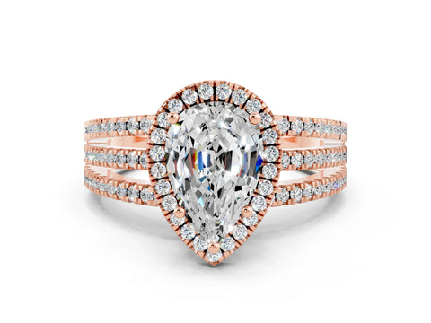 Rose gold {shape_name} Moissanite Halo Engagement Ring with Split Shank and Four-Prong Setting
