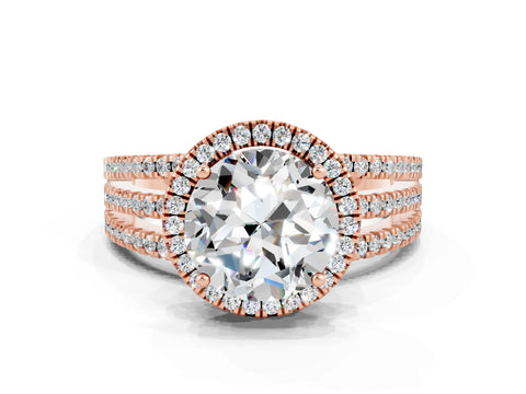Rose gold {shape_name} Moissanite Halo Engagement Ring with Split Shank and Four-Prong Setting
