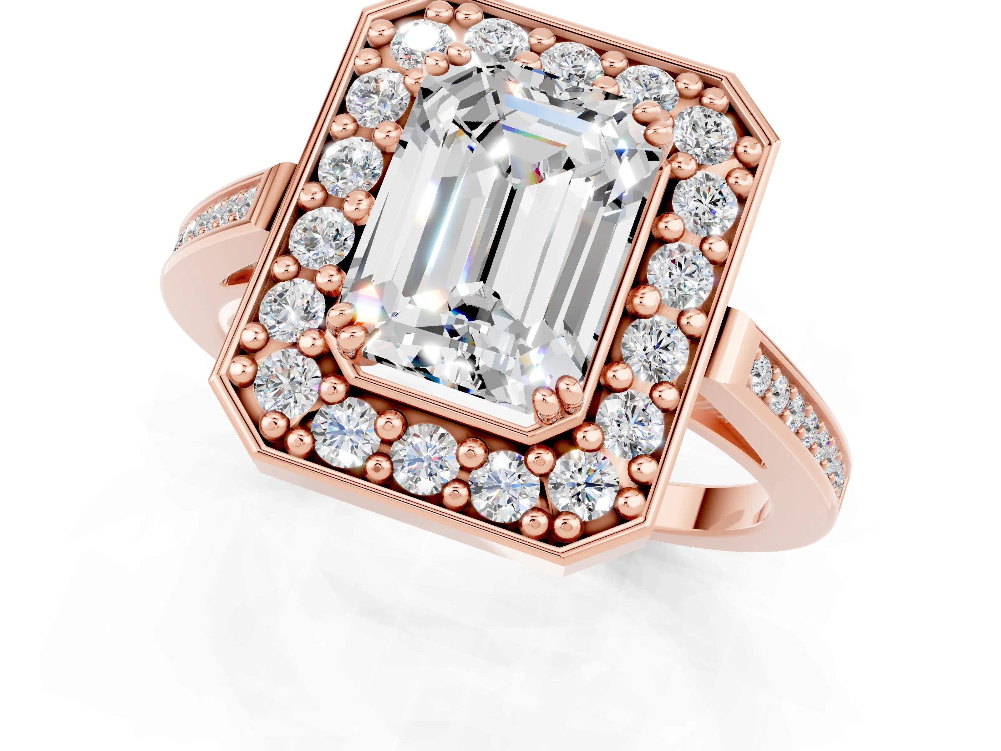 Rose gold {shape_name} Moissanite Halo Ring with Split Shank and Four-Prong Setting_1