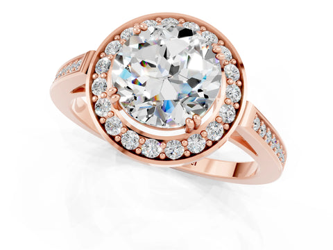 Rose gold {shape_name} Moissanite Halo Ring with Split Shank and Four-Prong Setting_1