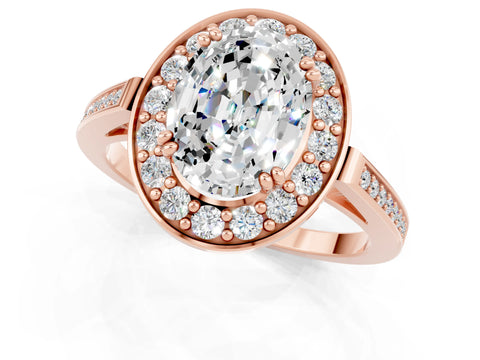 Rose gold {shape_name} Moissanite Halo Ring with Split Shank and Four-Prong Setting_1