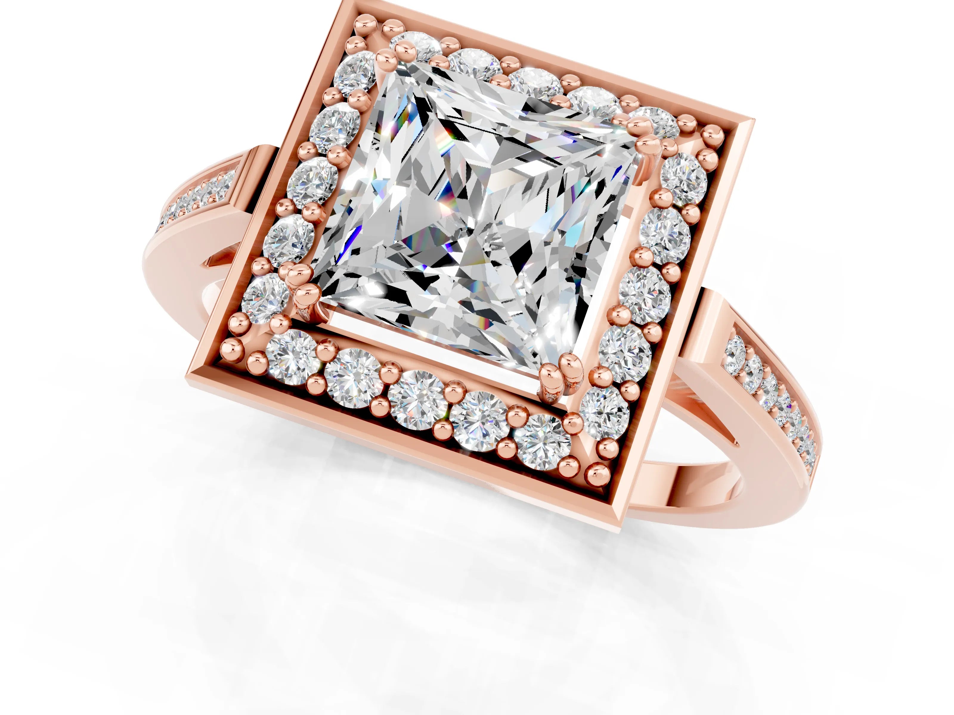 Rose gold {shape_name} Moissanite Halo Ring with Split Shank and Four-Prong Setting_1