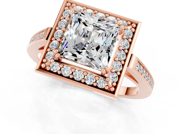 Rose gold Princess Cut Moissanite Halo Ring with Split Shank and Four-Prong Setting