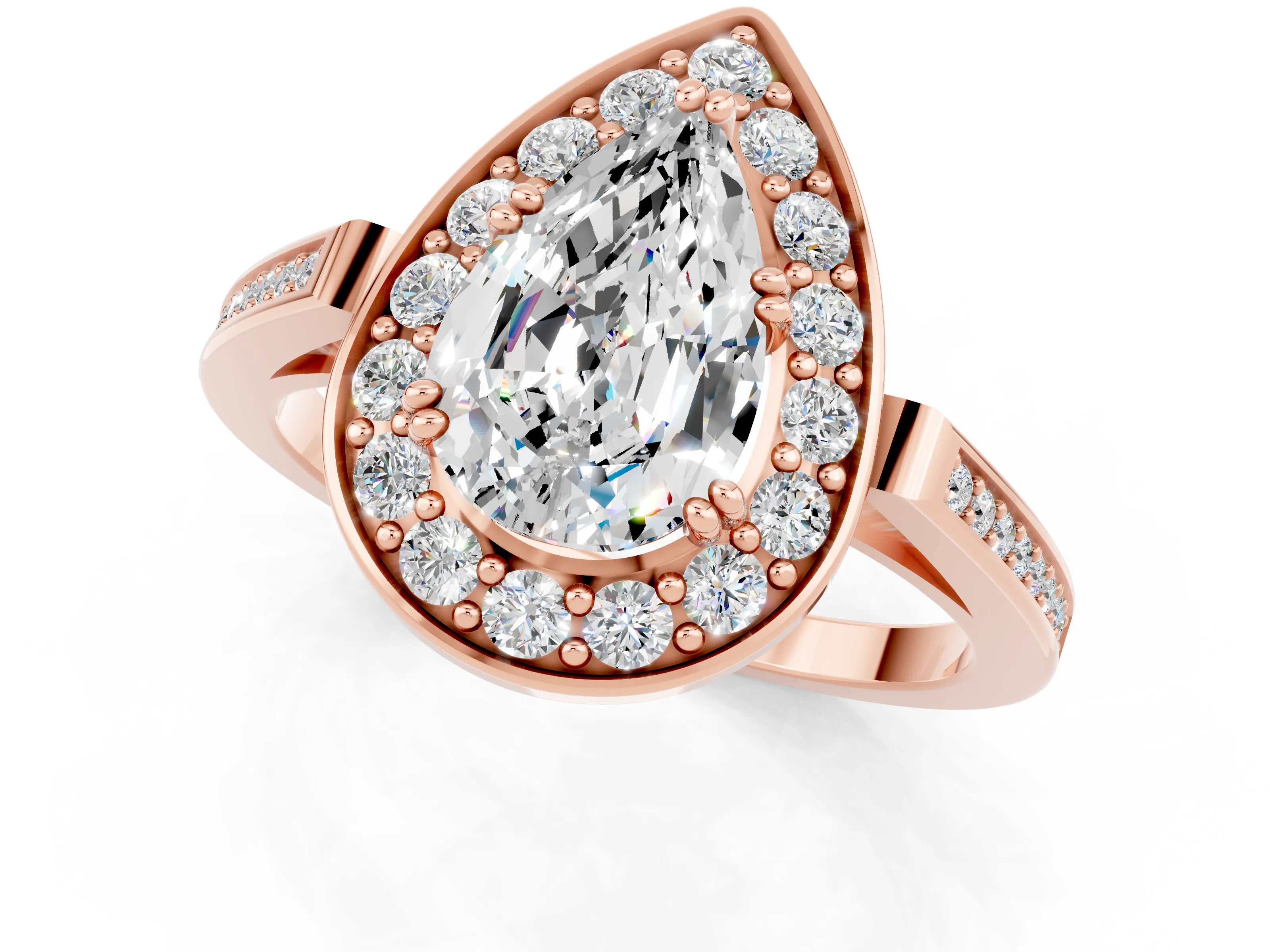 Rose gold {shape_name} Moissanite Halo Ring with Split Shank and Four-Prong Setting_1