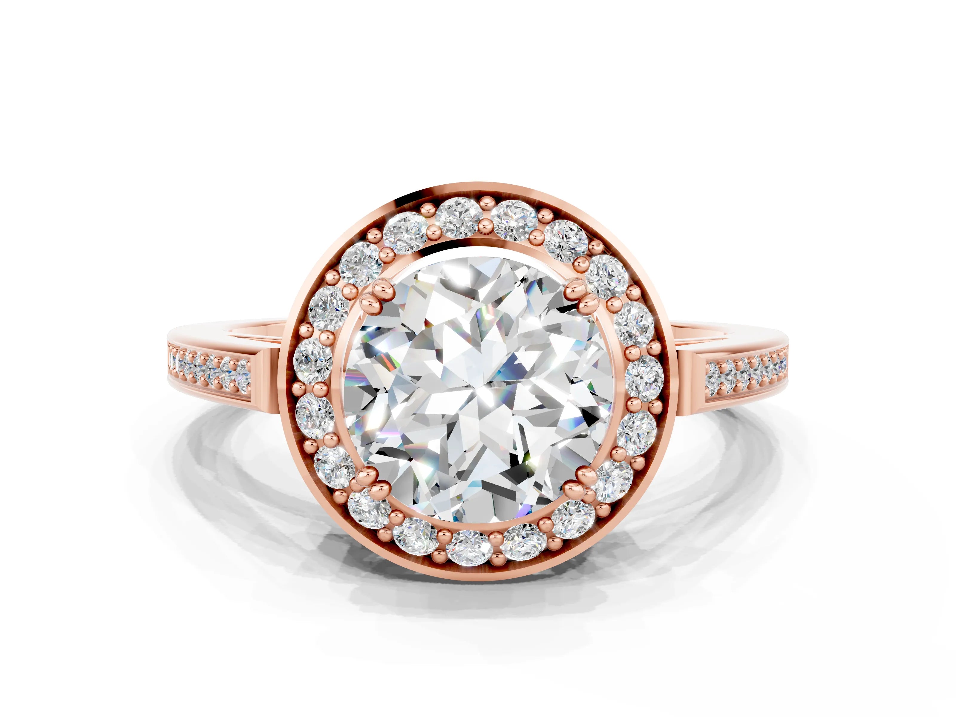 Rose gold {shape_name} Moissanite Halo Ring with Split Shank and Four-Prong Setting