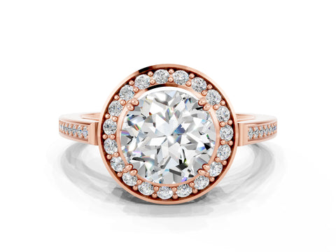 Rose gold {shape_name} Moissanite Halo Ring with Split Shank and Four-Prong Setting