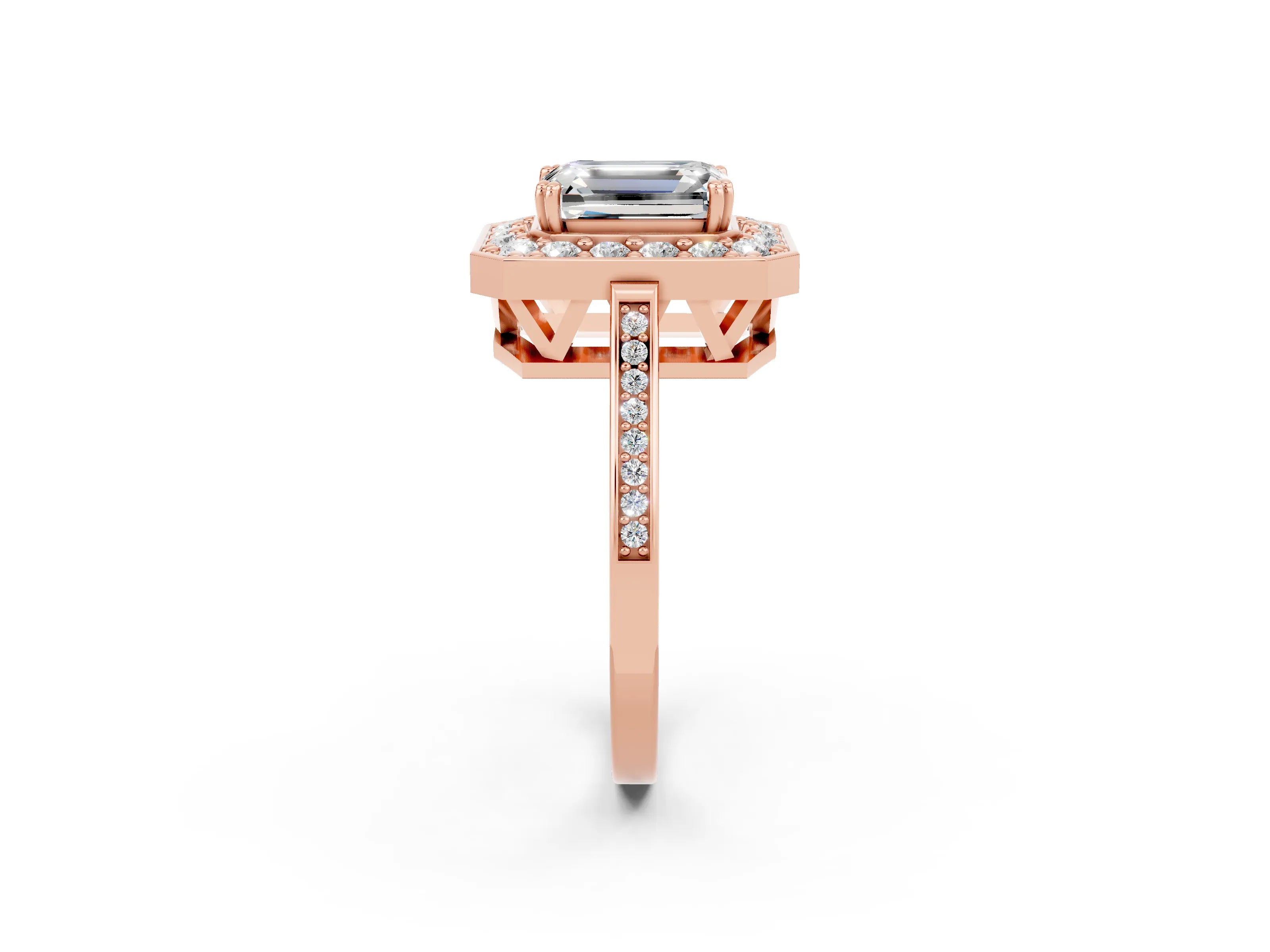 Rose gold {shape_name} Moissanite Halo Ring with Split Shank and Four-Prong Setting_2