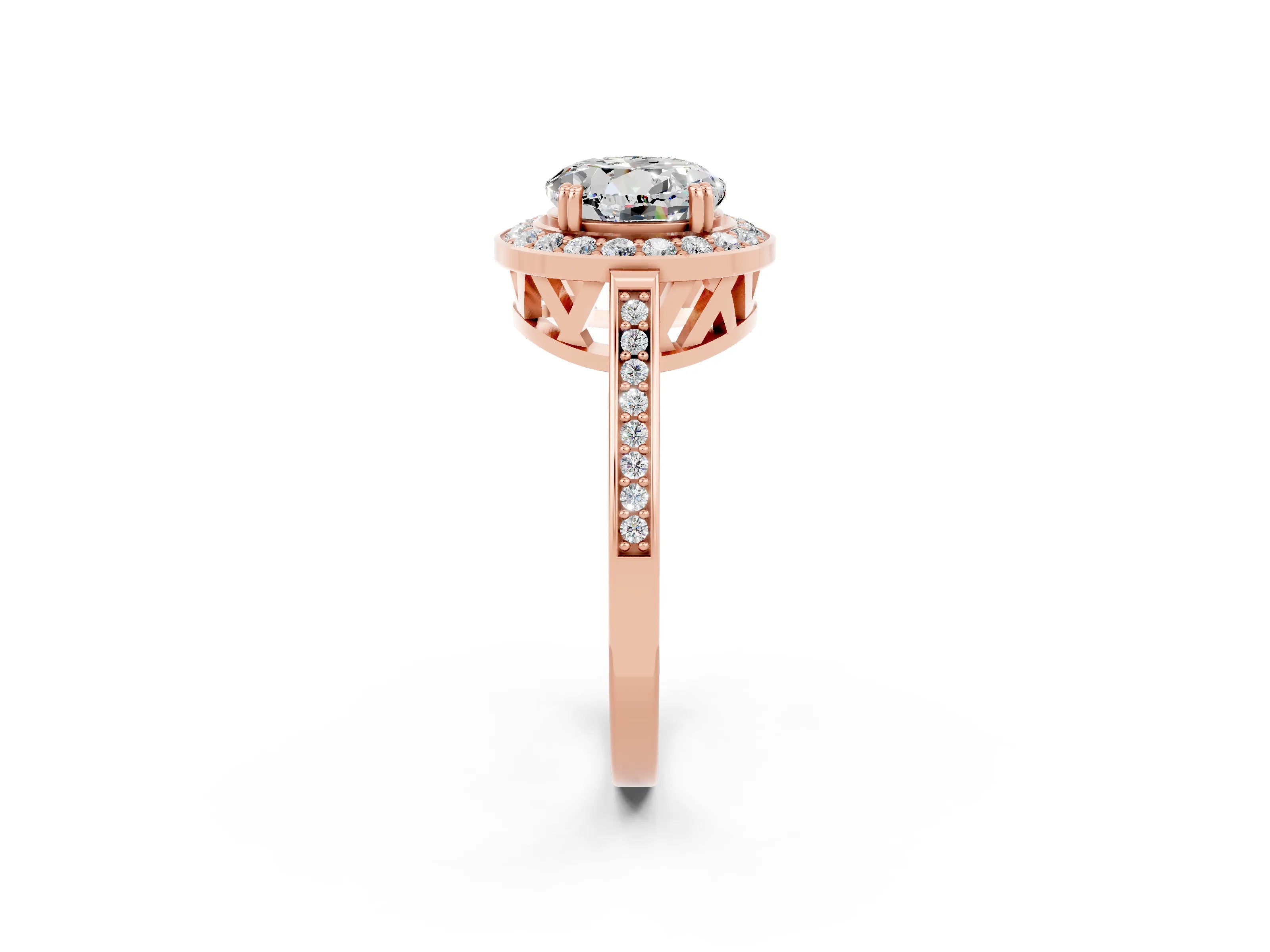 Rose gold {shape_name} Moissanite Halo Ring with Split Shank and Four-Prong Setting_2