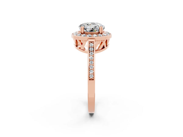 Rose gold Round Cut Moissanite Halo Ring with Split Shank and Four-Prong Setting
