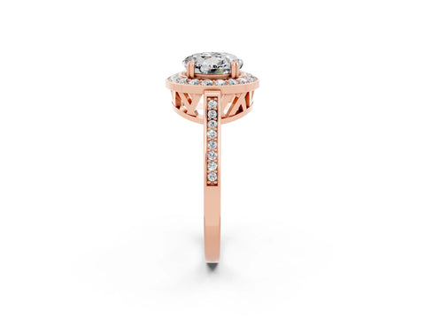 Rose gold {shape_name} Moissanite Halo Ring with Split Shank and Four-Prong Setting_2