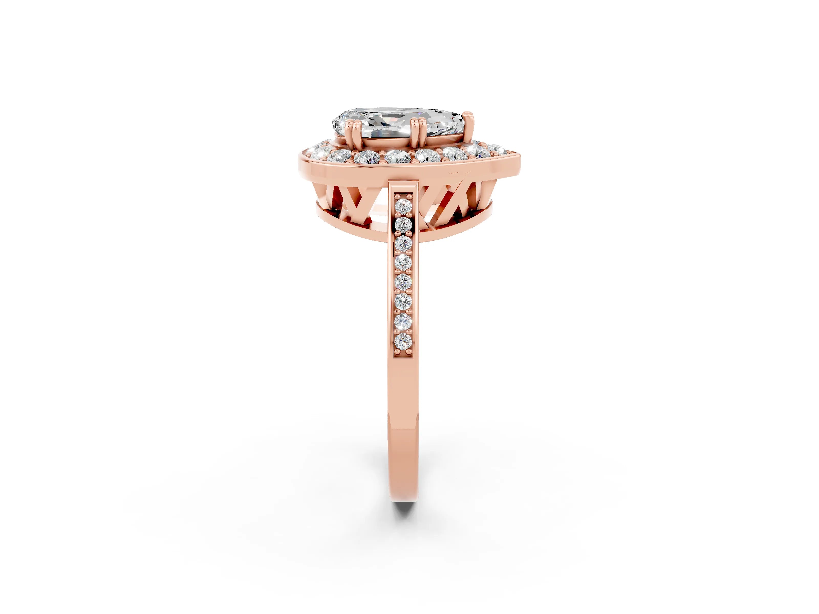 Rose gold {shape_name} Moissanite Halo Ring with Split Shank and Four-Prong Setting_2