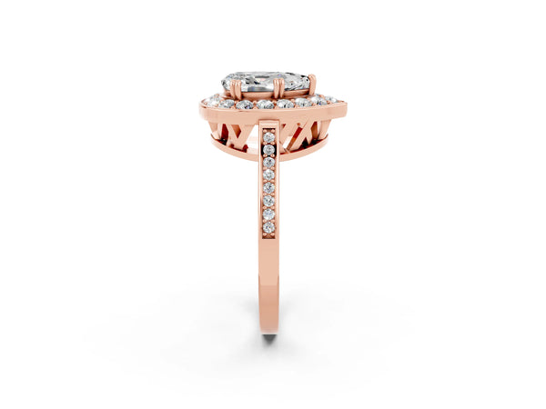 Rose gold Pear Cut Moissanite Halo Ring with Split Shank and Four-Prong Setting