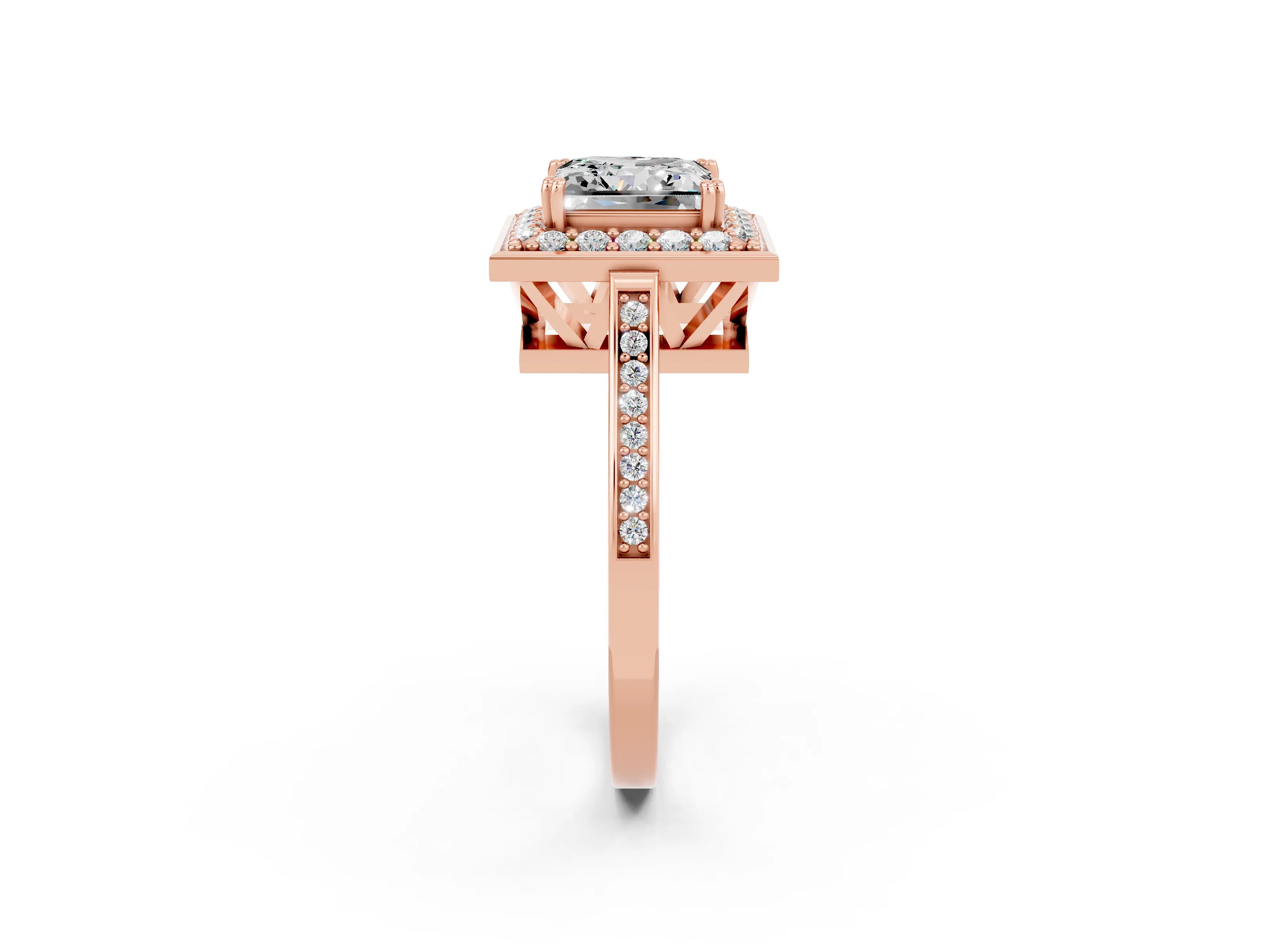 Rose gold {shape_name} Moissanite Halo Ring with Split Shank and Four-Prong Setting_2