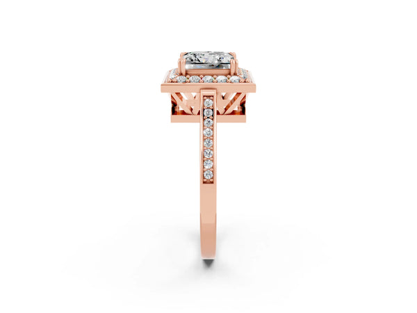 Rose gold Princess Cut Moissanite Halo Ring with Split Shank and Four-Prong Setting