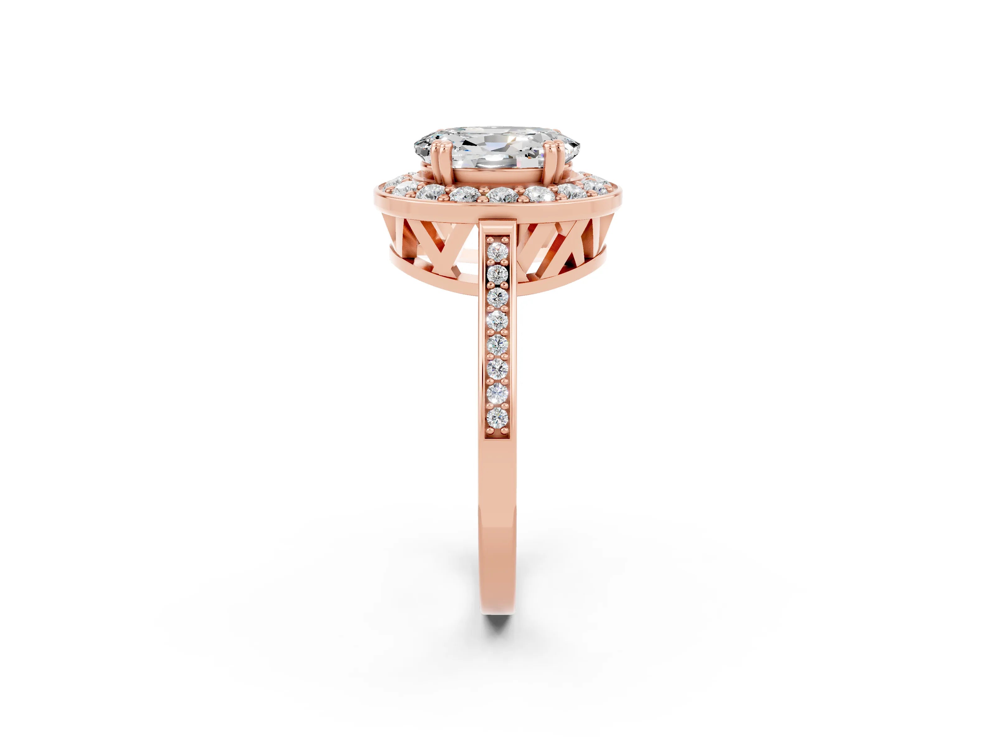 Rose gold {shape_name} Moissanite Halo Ring with Split Shank and Four-Prong Setting_2