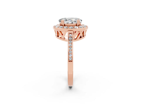 Rose gold {shape_name} Moissanite Halo Ring with Split Shank and Four-Prong Setting_2