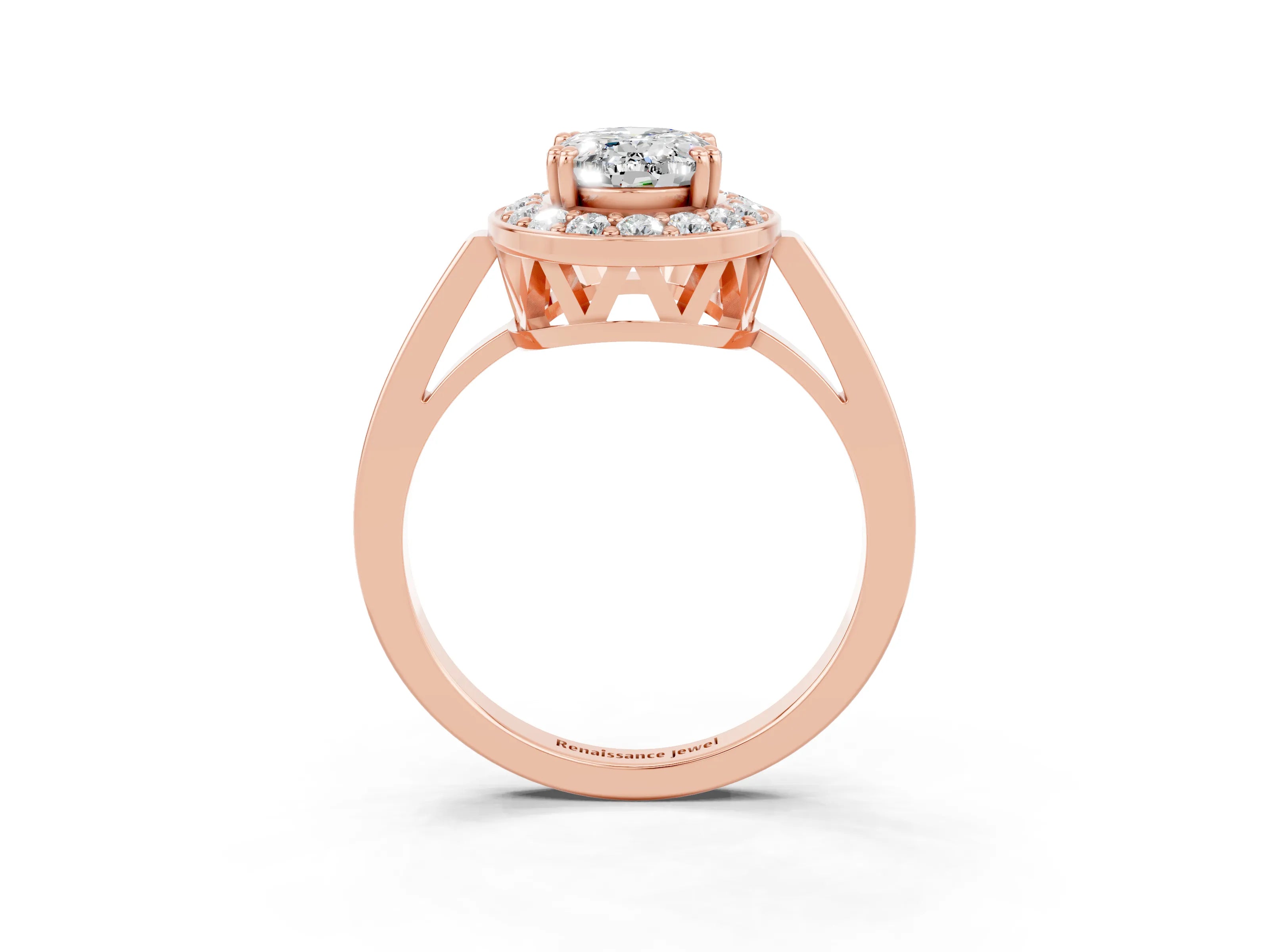 Rose gold {shape_name} Moissanite Halo Ring with Split Shank and Four-Prong Setting_3