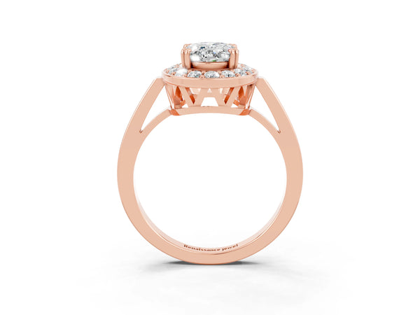 Rose gold Oval Cut Moissanite Halo Ring with Split Shank and Four-Prong Setting
