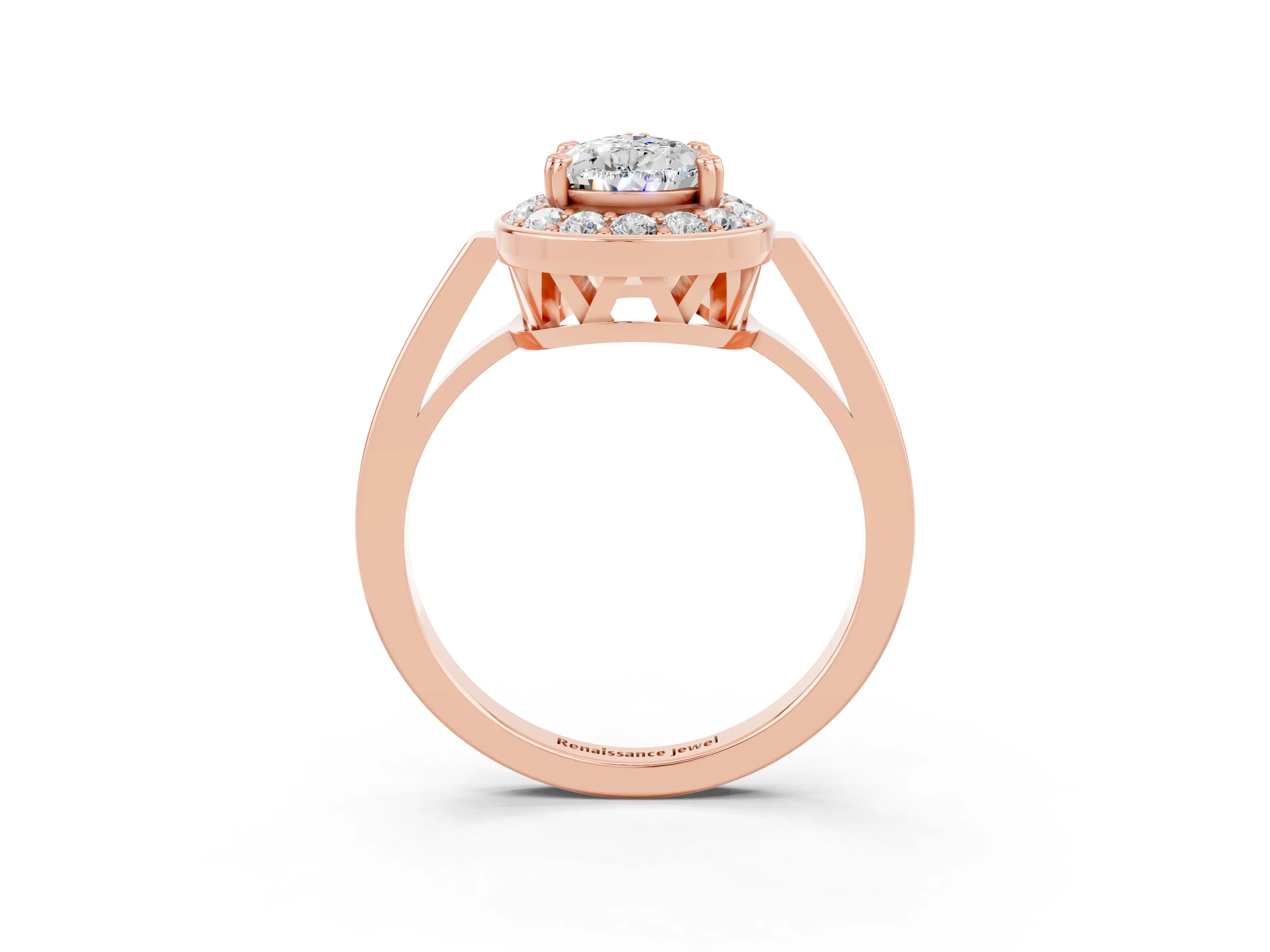 Rose gold {shape_name} Moissanite Halo Ring with Split Shank and Four-Prong Setting_3