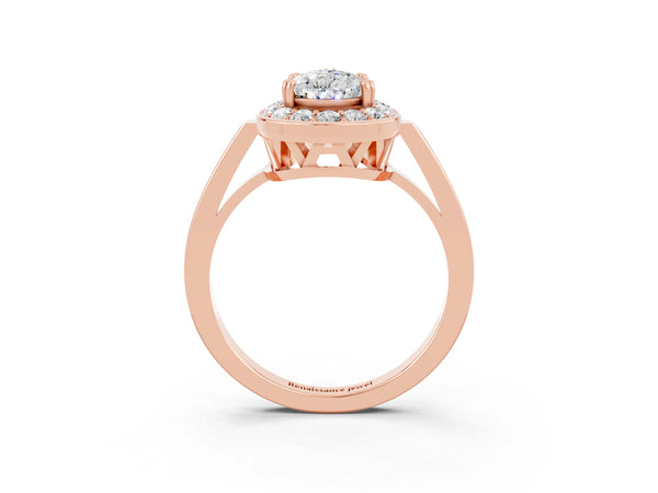 Rose gold Pear Cut Moissanite Halo Ring with Split Shank and Four-Prong Setting