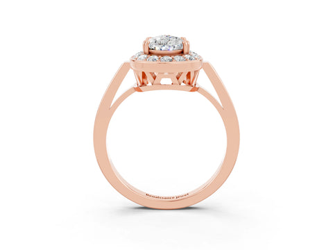 Rose gold {shape_name} Moissanite Halo Ring with Split Shank and Four-Prong Setting_3