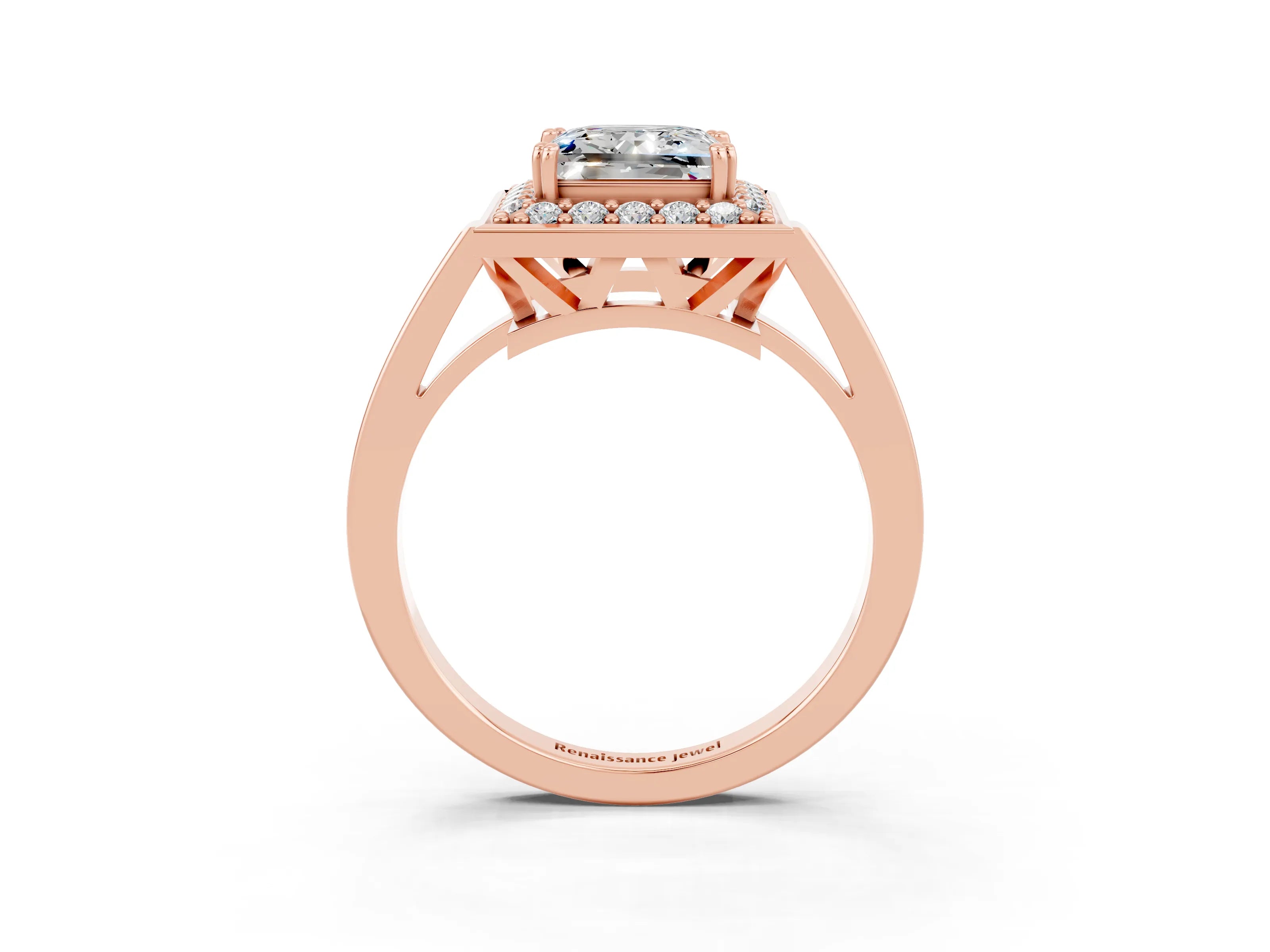 Rose gold {shape_name} Moissanite Halo Ring with Split Shank and Four-Prong Setting_3