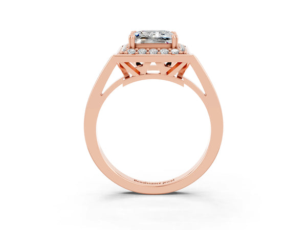 Rose gold Princess Cut Moissanite Halo Ring with Split Shank and Four-Prong Setting