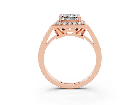 Rose gold {shape_name} Moissanite Halo Ring with Split Shank and Four-Prong Setting_3