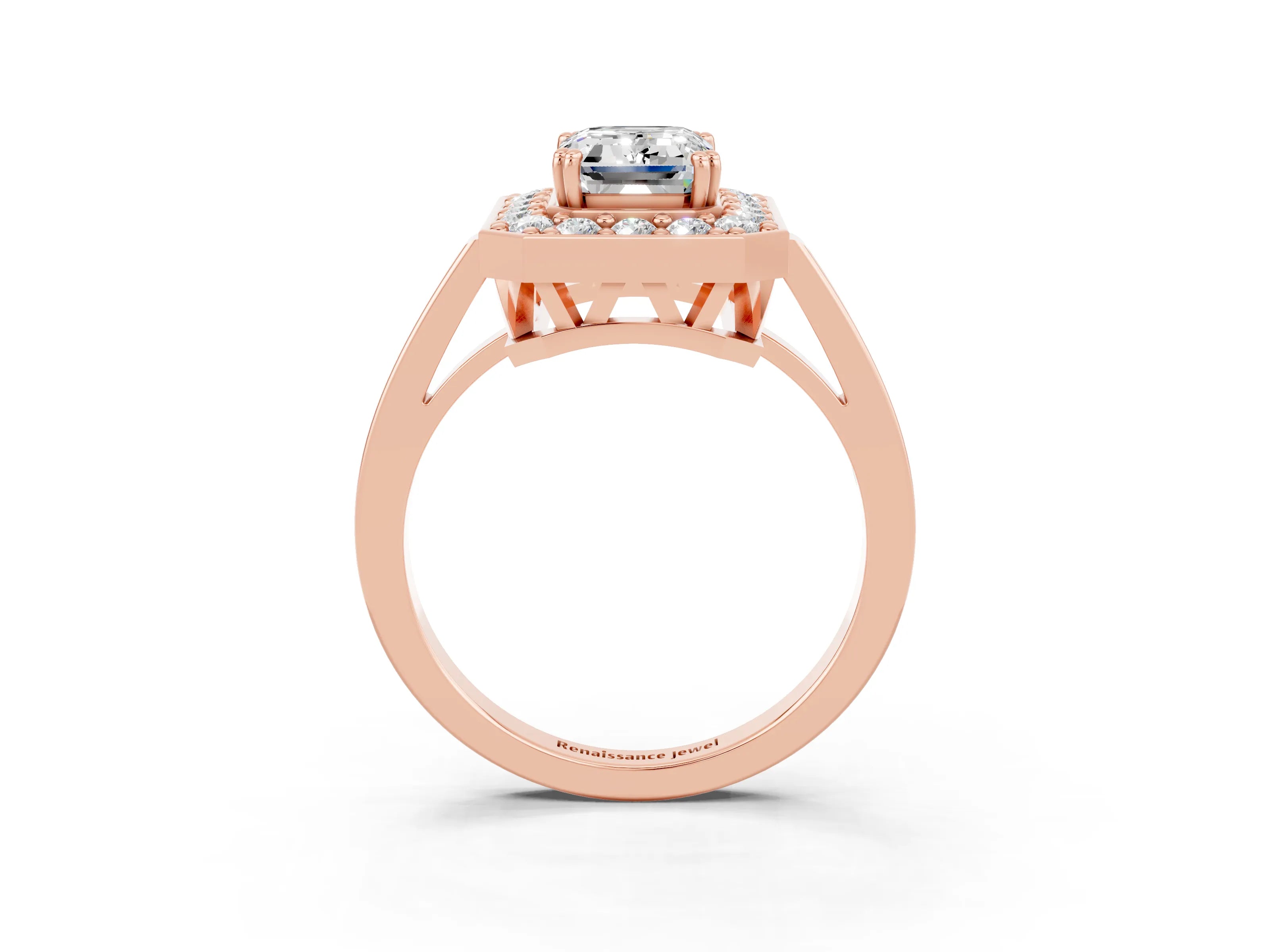 Rose gold {shape_name} Moissanite Halo Ring with Split Shank and Four-Prong Setting_3