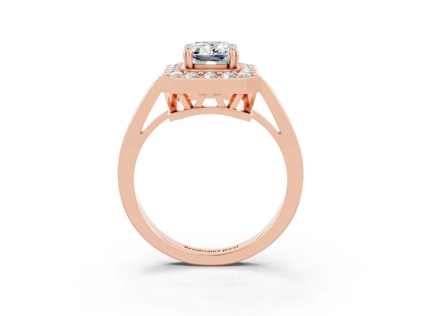 Rose gold Emerald Cut Moissanite Halo Ring with Split Shank and Four-Prong Setting