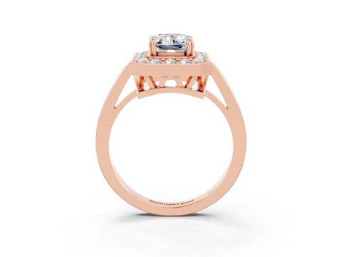 Rose gold {shape_name} Moissanite Halo Ring with Split Shank and Four-Prong Setting_3