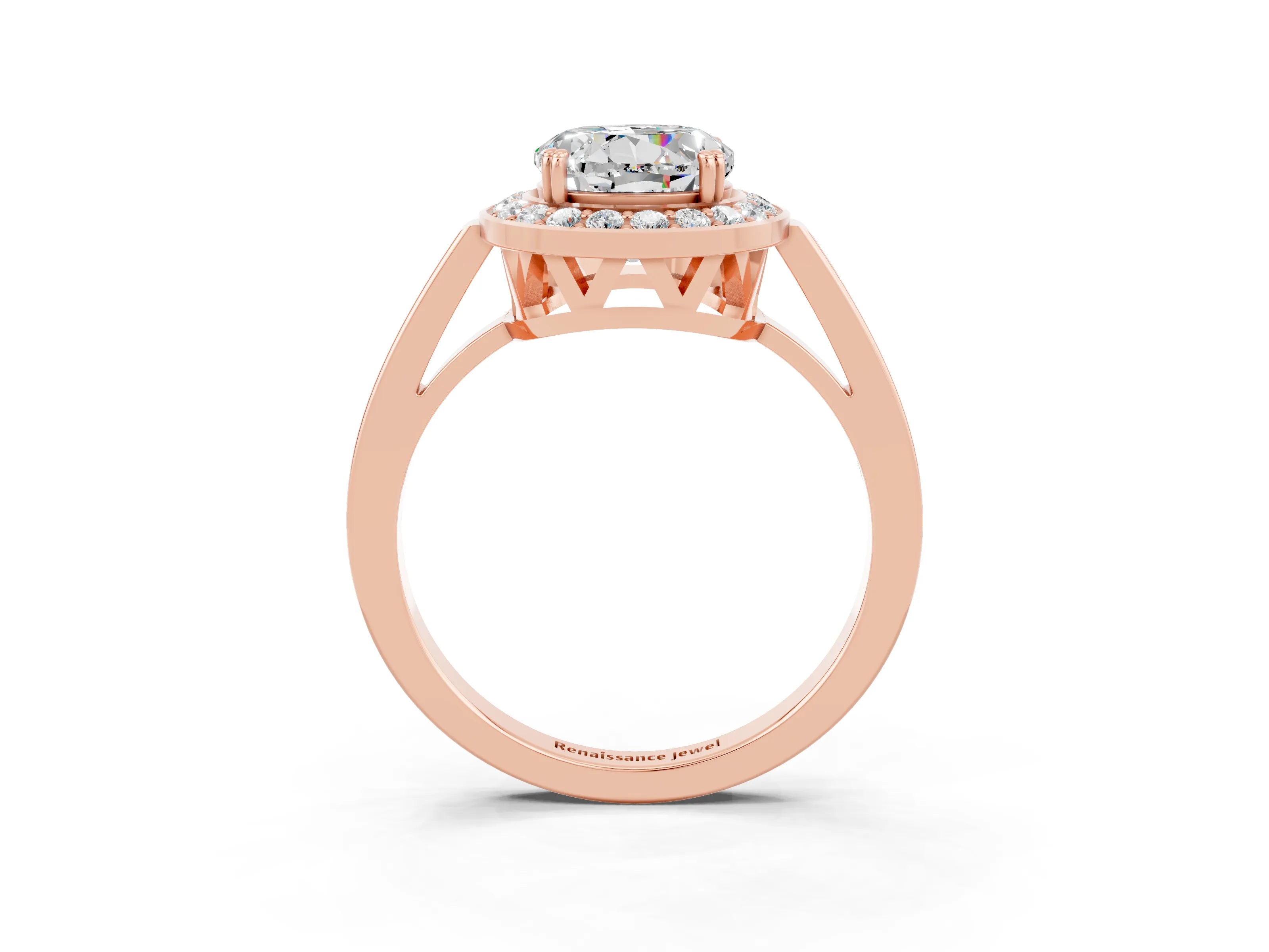 Rose gold {shape_name} Moissanite Halo Ring with Split Shank and Four-Prong Setting_3
