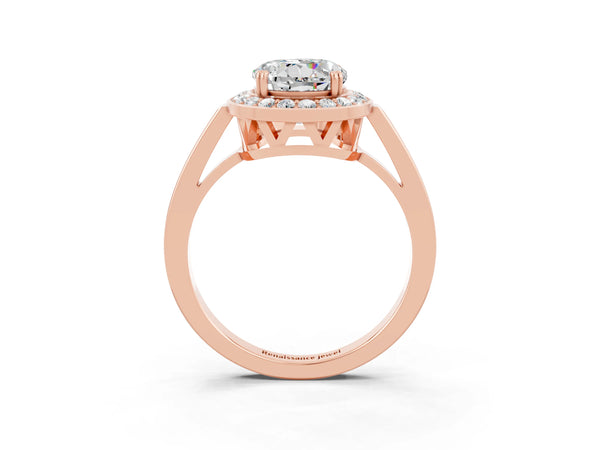 Rose gold Round Cut Moissanite Halo Ring with Split Shank and Four-Prong Setting