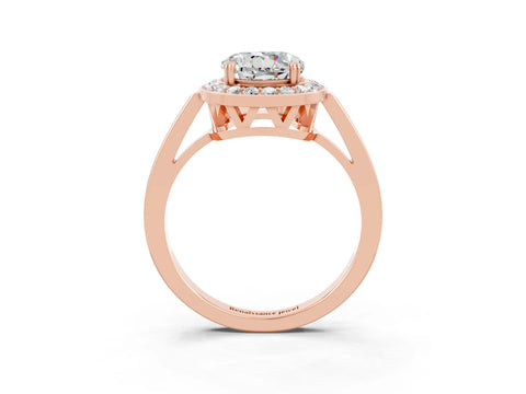 Rose gold {shape_name} Moissanite Halo Ring with Split Shank and Four-Prong Setting_3