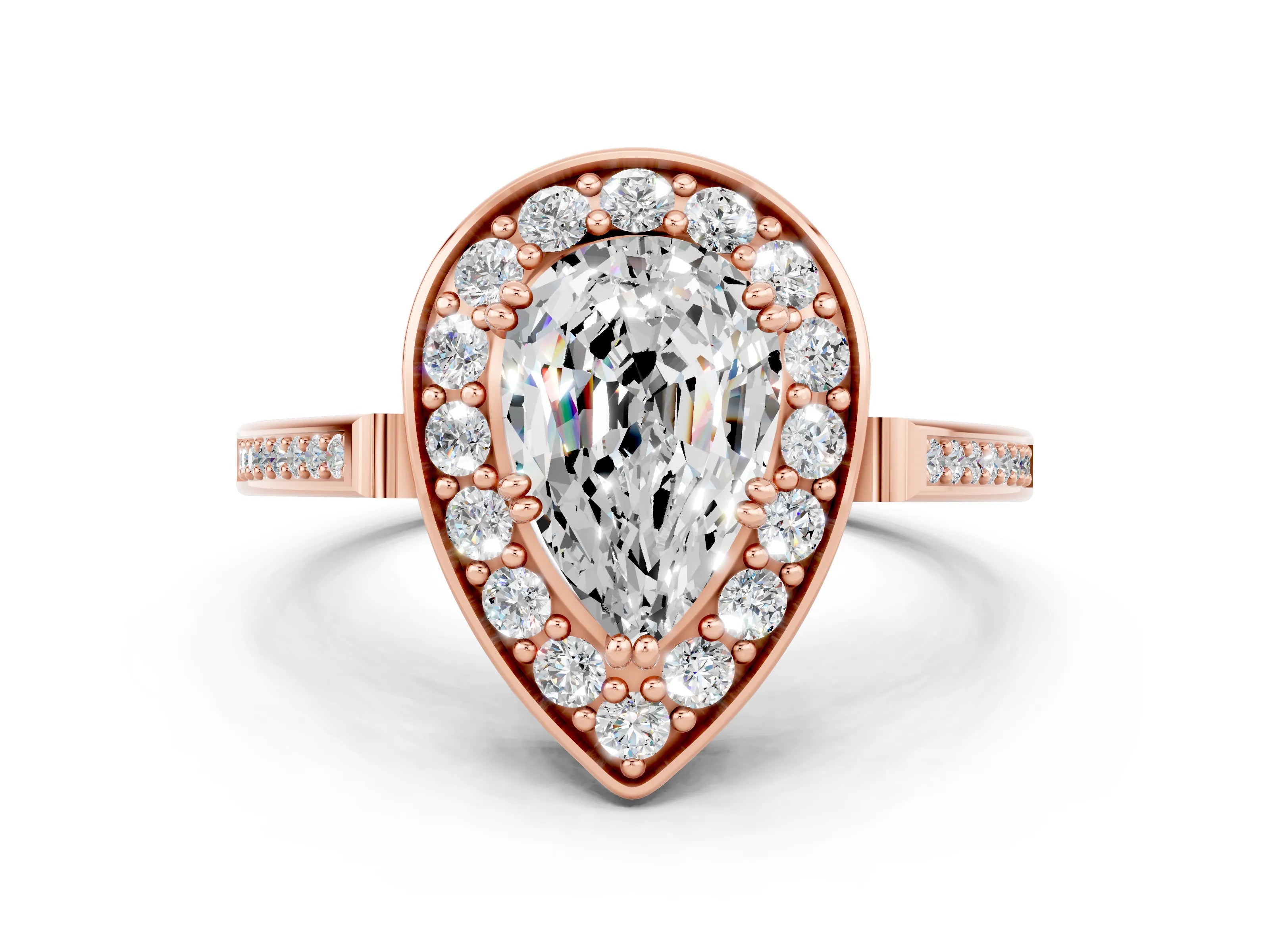 Rose gold {shape_name} Moissanite Halo Ring with Split Shank and Four-Prong Setting