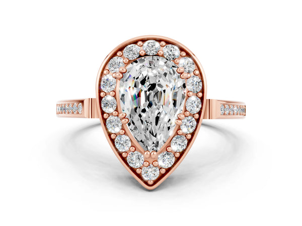 Rose gold Pear Cut Moissanite Halo Ring with Split Shank and Four-Prong Setting