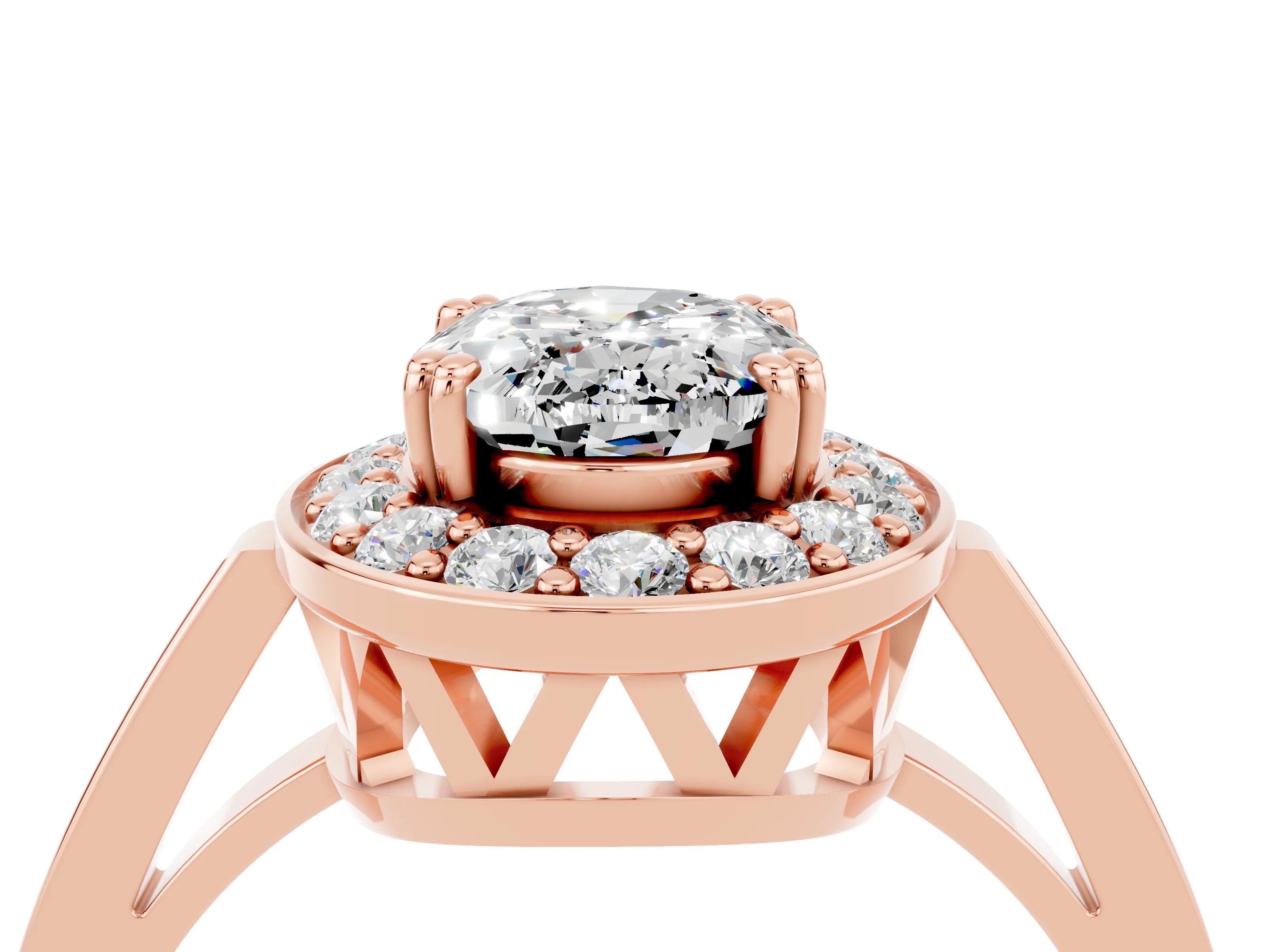 Rose gold {shape_name} Moissanite Halo Ring with Split Shank and Four-Prong Setting_4